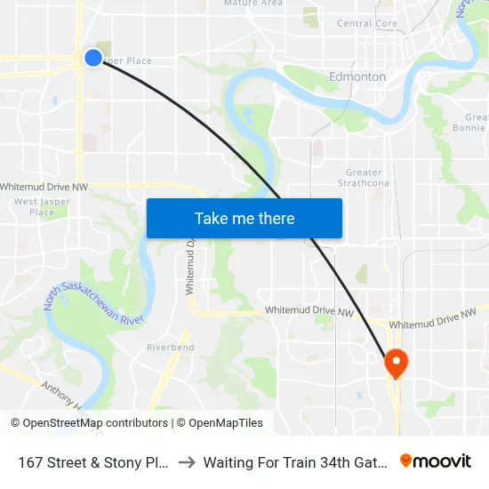 167 Street & Stony Plain Road to Waiting For Train 34th Gateway Blvd. map