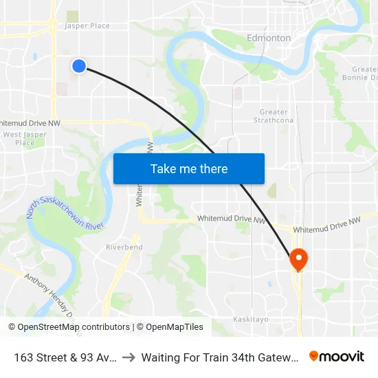 163 Street & 93 Avenue to Waiting For Train 34th Gateway Blvd. map