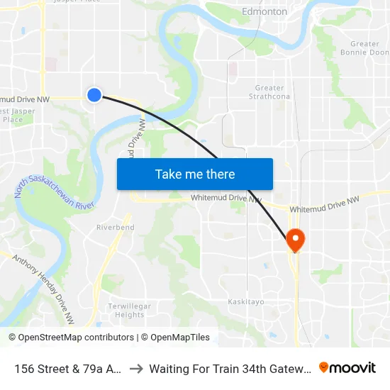 156 Street & 79a Avenue to Waiting For Train 34th Gateway Blvd. map