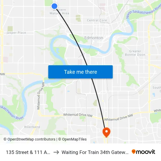 135 Street & 111 Avenue to Waiting For Train 34th Gateway Blvd. map