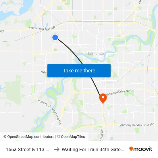 166a Street & 113 Avenue to Waiting For Train 34th Gateway Blvd. map