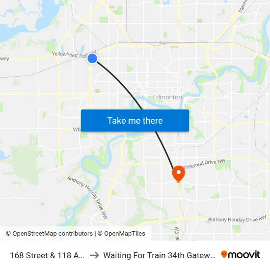 168 Street & 118 Avenue to Waiting For Train 34th Gateway Blvd. map