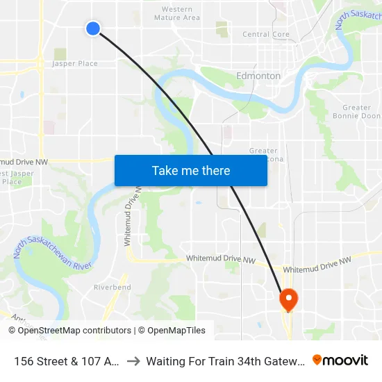 156 Street & 107 Avenue to Waiting For Train 34th Gateway Blvd. map