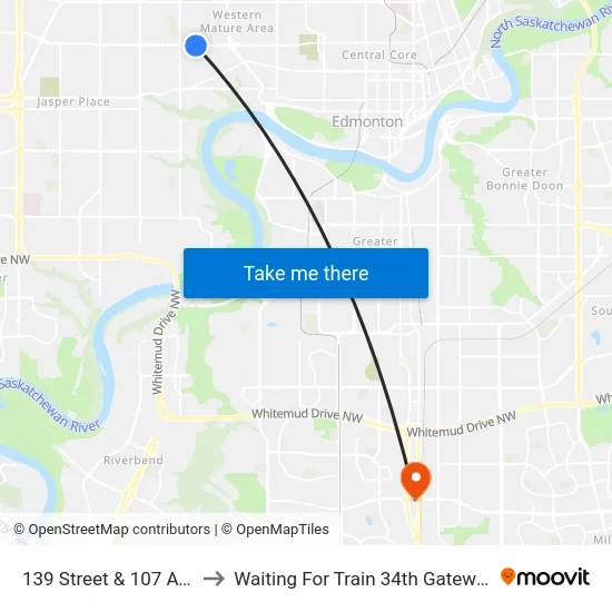 139 Street & 107 Avenue to Waiting For Train 34th Gateway Blvd. map