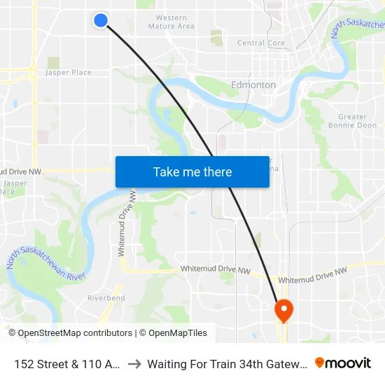 152 Street & 110 Avenue to Waiting For Train 34th Gateway Blvd. map