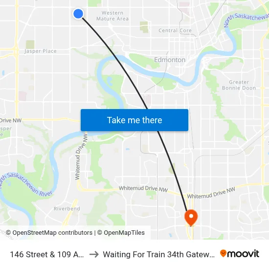 146 Street & 109 Avenue to Waiting For Train 34th Gateway Blvd. map