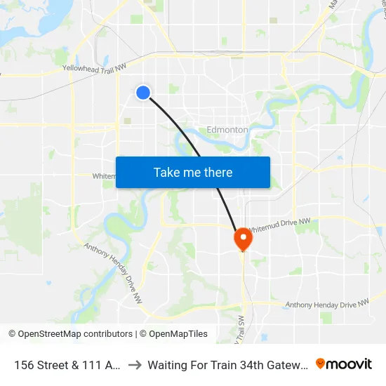 156 Street & 111 Avenue to Waiting For Train 34th Gateway Blvd. map