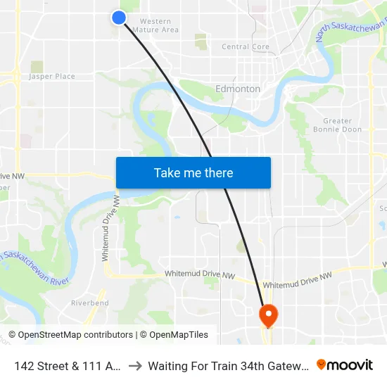 142 Street & 111 Avenue to Waiting For Train 34th Gateway Blvd. map