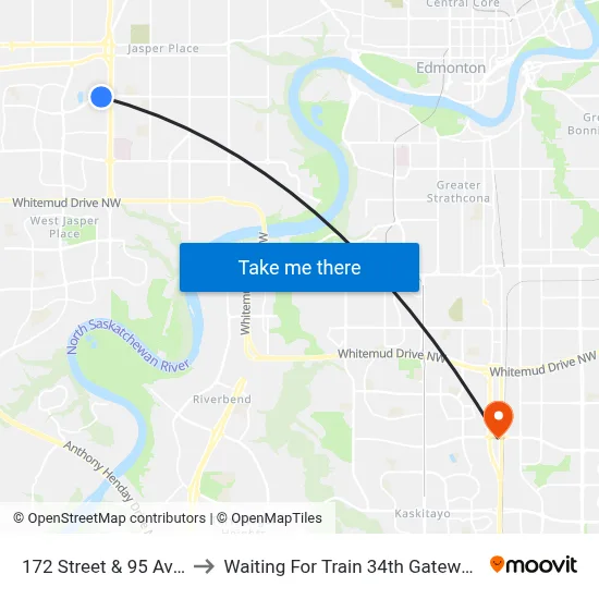 172 Street & 95 Avenue to Waiting For Train 34th Gateway Blvd. map