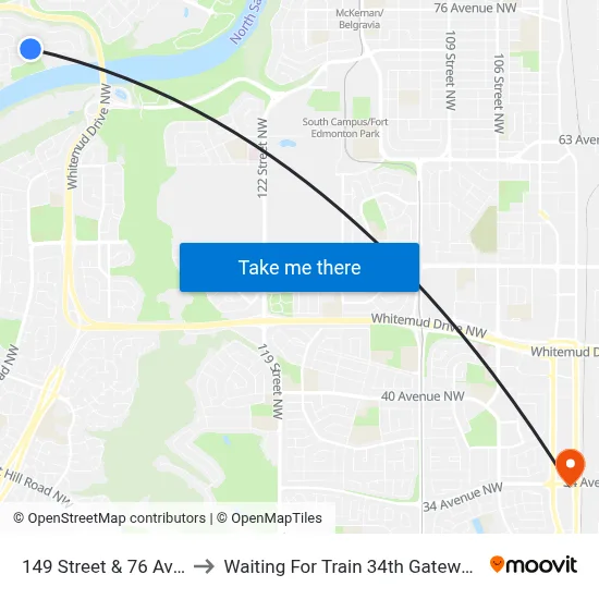 149 Street & 76 Avenue to Waiting For Train 34th Gateway Blvd. map