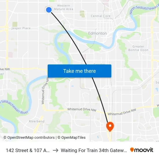 142 Street & 107 Avenue to Waiting For Train 34th Gateway Blvd. map