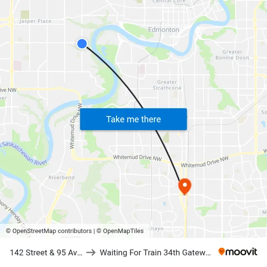 142 Street & 95 Avenue to Waiting For Train 34th Gateway Blvd. map