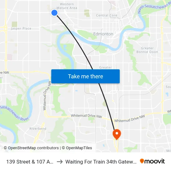 139 Street & 107 Avenue to Waiting For Train 34th Gateway Blvd. map