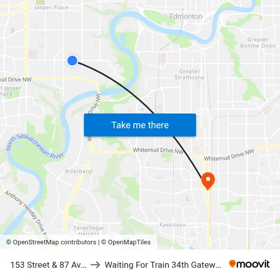 153 Street & 87 Avenue to Waiting For Train 34th Gateway Blvd. map