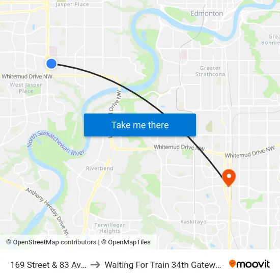 169 Street & 83 Avenue to Waiting For Train 34th Gateway Blvd. map
