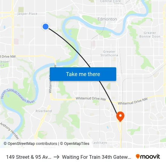 149 Street & 95 Avenue to Waiting For Train 34th Gateway Blvd. map