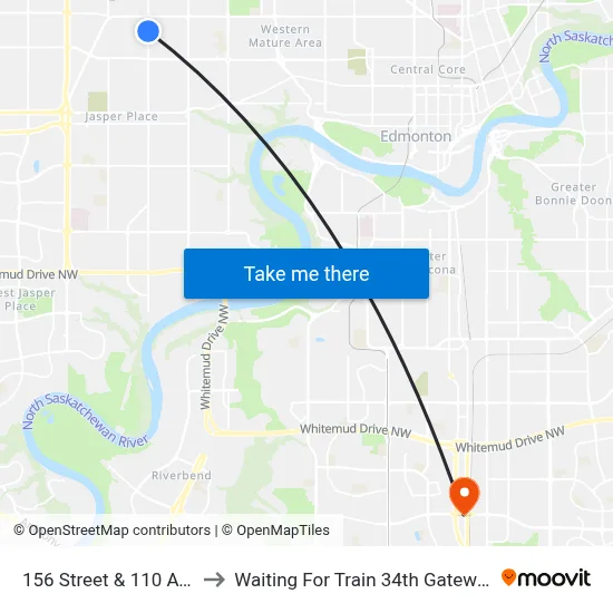 156 Street & 110 Avenue to Waiting For Train 34th Gateway Blvd. map