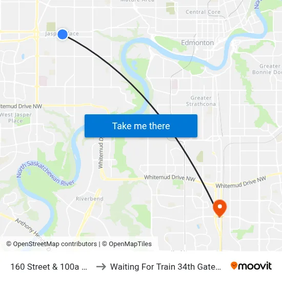 160 Street & 100a Avenue to Waiting For Train 34th Gateway Blvd. map