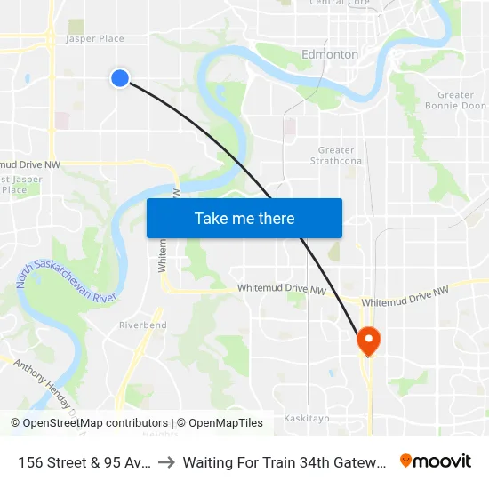156 Street & 95 Avenue to Waiting For Train 34th Gateway Blvd. map