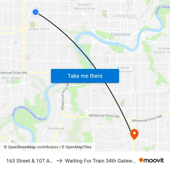 163 Street & 107 Avenue to Waiting For Train 34th Gateway Blvd. map