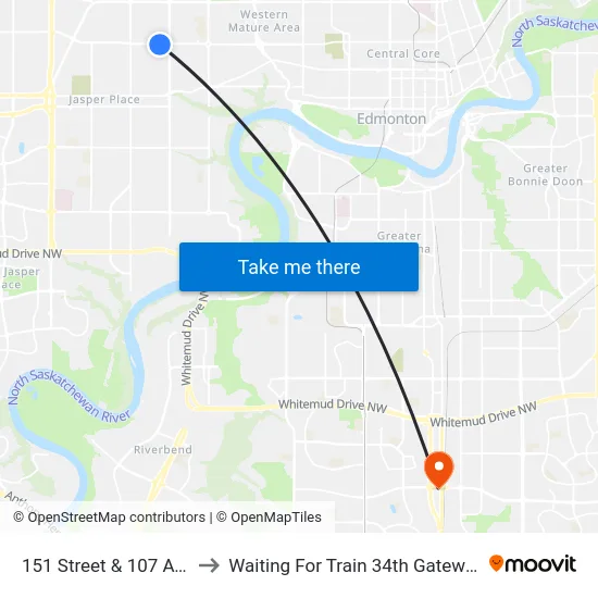 151 Street & 107 Avenue to Waiting For Train 34th Gateway Blvd. map