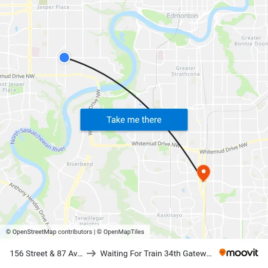 156 Street & 87 Avenue to Waiting For Train 34th Gateway Blvd. map