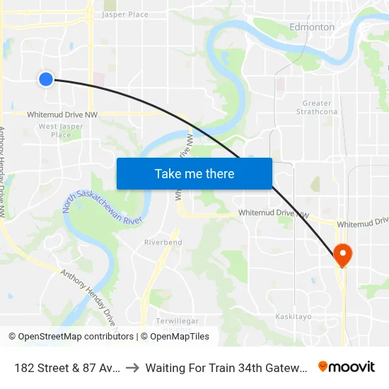 182 Street & 87 Avenue to Waiting For Train 34th Gateway Blvd. map