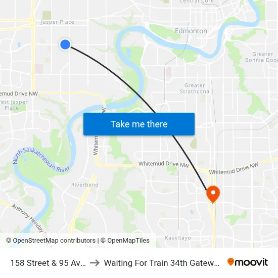 158 Street & 95 Avenue to Waiting For Train 34th Gateway Blvd. map