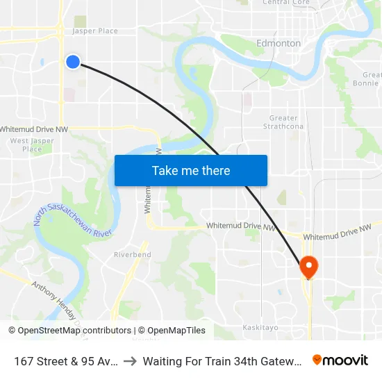 167 Street & 95 Avenue to Waiting For Train 34th Gateway Blvd. map