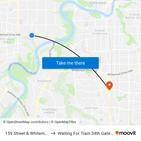 159 Street & Whitemud Drive to Waiting For Train 34th Gateway Blvd. map