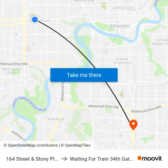 164 Street & Stony Plain Road to Waiting For Train 34th Gateway Blvd. map