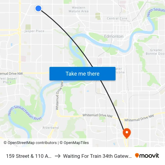 159 Street & 110 Avenue to Waiting For Train 34th Gateway Blvd. map