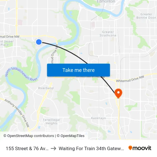155 Street & 76 Avenue to Waiting For Train 34th Gateway Blvd. map