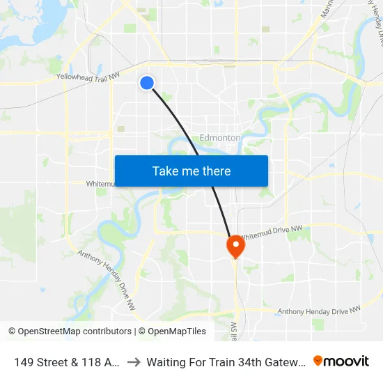 149 Street & 118 Avenue to Waiting For Train 34th Gateway Blvd. map