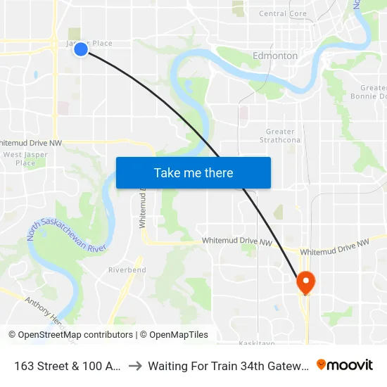 163 Street & 100 Avenue to Waiting For Train 34th Gateway Blvd. map