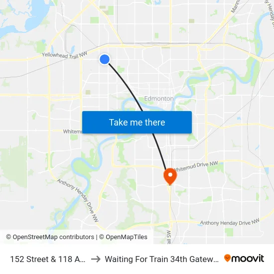 152 Street & 118 Avenue to Waiting For Train 34th Gateway Blvd. map