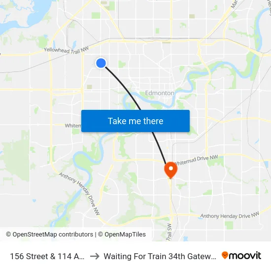 156 Street & 114 Avenue to Waiting For Train 34th Gateway Blvd. map