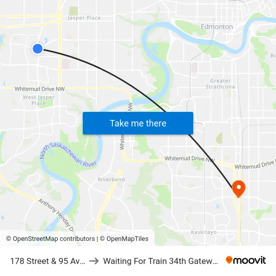178 Street & 95 Avenue to Waiting For Train 34th Gateway Blvd. map