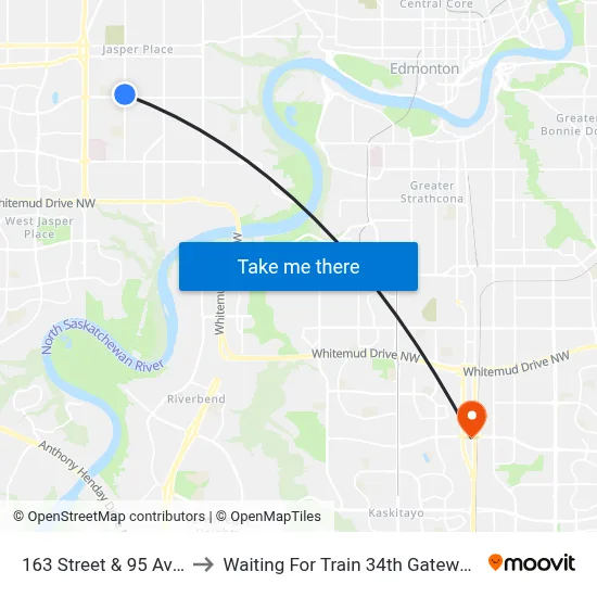 163 Street & 95 Avenue to Waiting For Train 34th Gateway Blvd. map