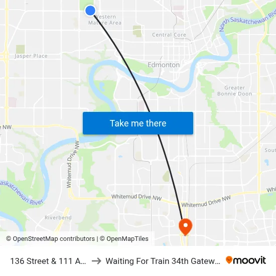 136 Street & 111 Avenue to Waiting For Train 34th Gateway Blvd. map