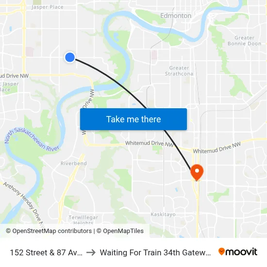 152 Street & 87 Avenue to Waiting For Train 34th Gateway Blvd. map