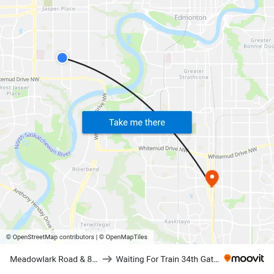 Meadowlark Road & 87 Avenue to Waiting For Train 34th Gateway Blvd. map
