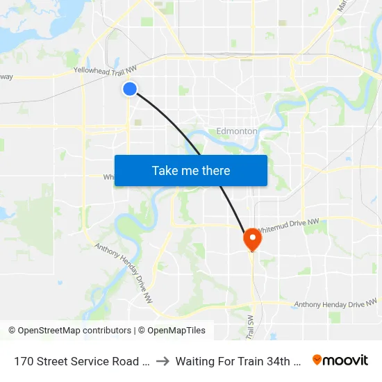 170 Street Service Road & 114 Avenue to Waiting For Train 34th Gateway Blvd. map
