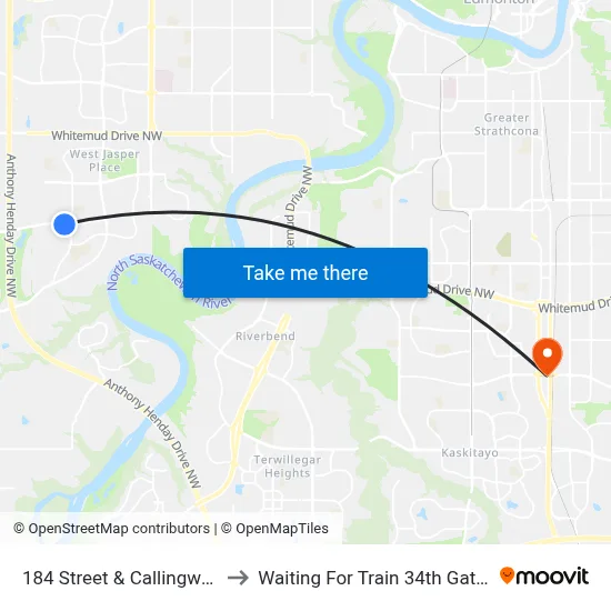 184 Street & Callingwood Road to Waiting For Train 34th Gateway Blvd. map