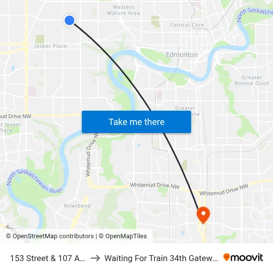 153 Street & 107 Avenue to Waiting For Train 34th Gateway Blvd. map