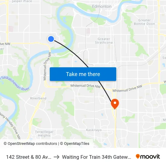 142 Street & 80 Avenue to Waiting For Train 34th Gateway Blvd. map