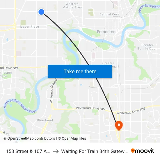 153 Street & 107 Avenue to Waiting For Train 34th Gateway Blvd. map