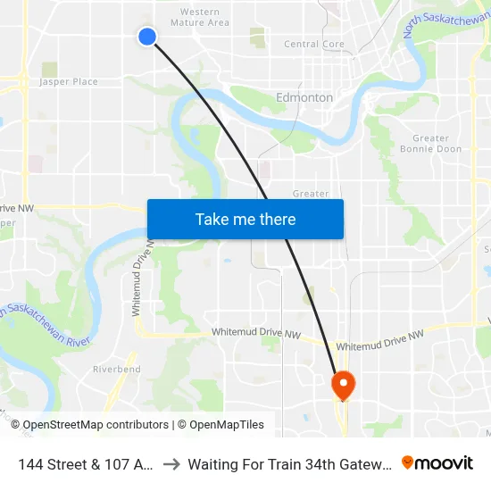 144 Street & 107 Avenue to Waiting For Train 34th Gateway Blvd. map