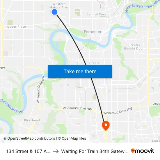 134 Street & 107 Avenue to Waiting For Train 34th Gateway Blvd. map