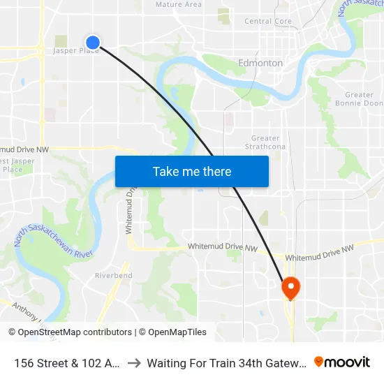 156 Street & 102 Avenue to Waiting For Train 34th Gateway Blvd. map